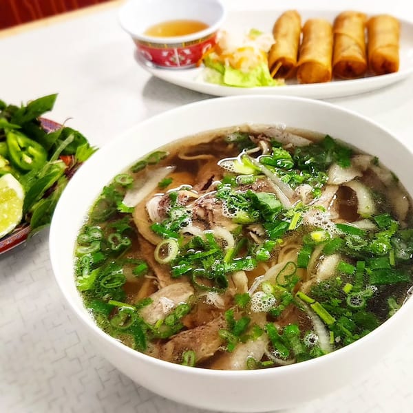 A bowl of Vietnamese pho with beef, noodles, and green onions, with spring rolls and dipping sauce.